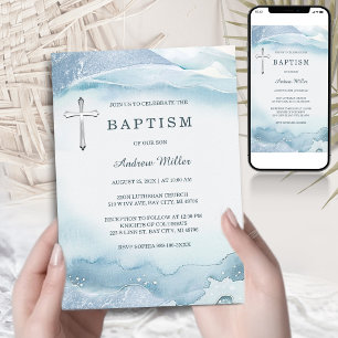Blue Baptism Invitation with Cross   Printable