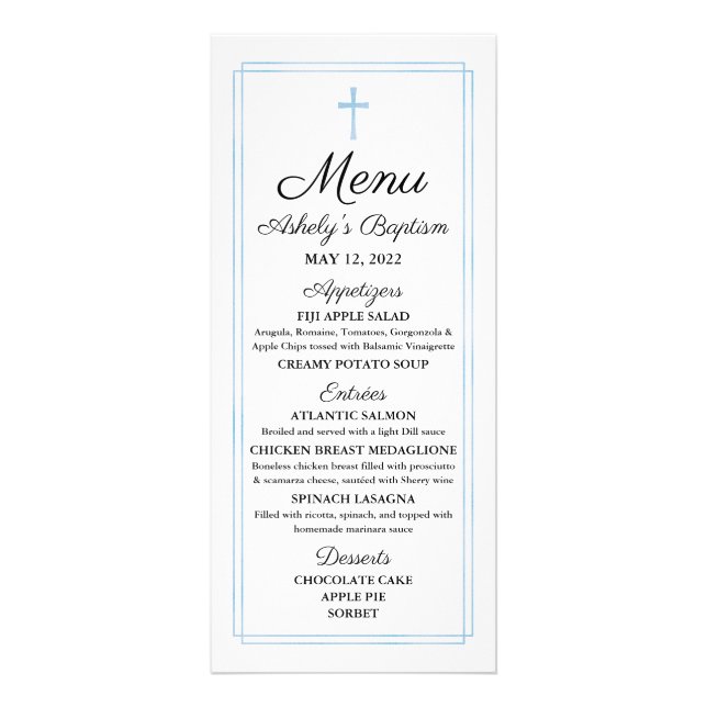 Blue Baptism Religious Menu Card (Front)