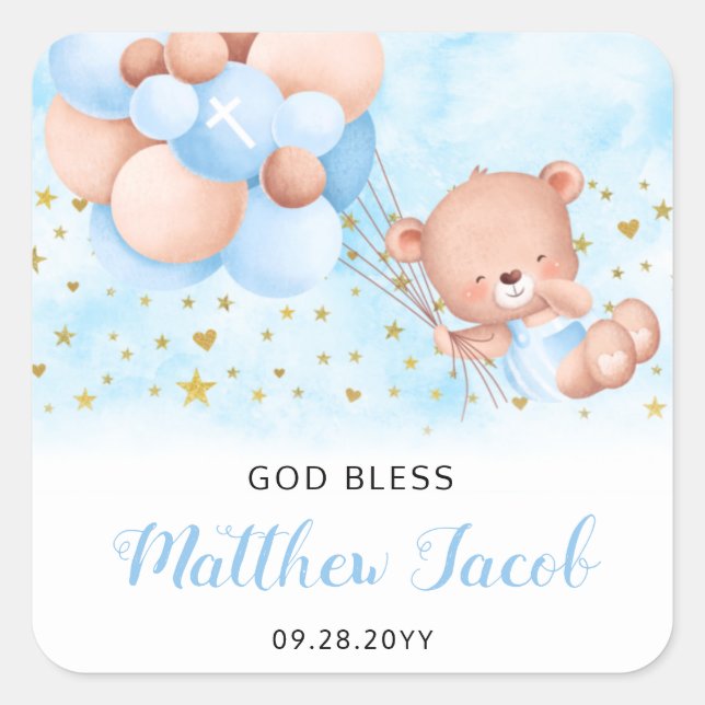 Blue Baptism Teddy Bear Thank You Baptism Favours Square Sticker (Front)