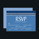 Blue Bar Mitzvah Silver Tallit Script Bold Modern RSVP Card<br><div class="desc">Be proud, rejoice and celebrate this milestone of your favourite Bar Mitzvah with this cool, unique, modern, personalized RSVP insert card for your event! Bold, white script typography and a navy blue and silver glitter striped tallit inspired graphic overlay a simple, cornflower blue background. Personalize the custom text with the...</div>