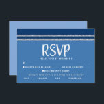 Blue Bar Mitzvah Silver Tallit Script Bold Modern RSVP Card<br><div class="desc">Be proud, rejoice and celebrate this milestone of your favourite Bar Mitzvah with this cool, unique, modern, personalized RSVP insert card for your event! Bold, white script typography and a navy blue and silver glitter striped tallit inspired graphic overlay a simple, cornflower blue background. Personalize the custom text with the...</div>