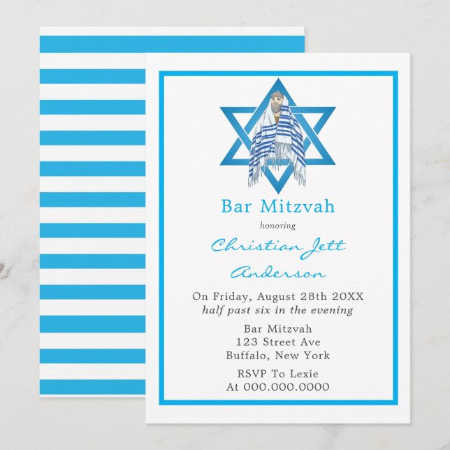 Blue Bar Mitzvah Star Of David Invitation (Front/Back)