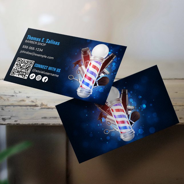 Blue Barber Shop Pole Connect with us QR Code Business Card (Creator Uploaded)