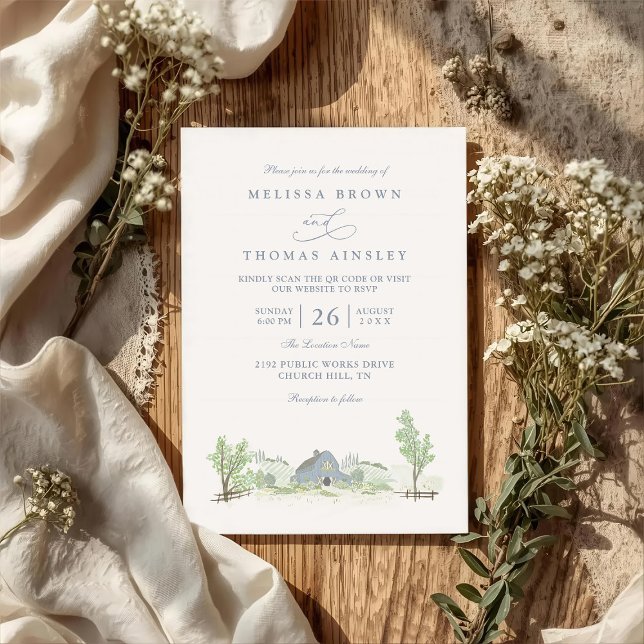 Blue Barn Countryside Rustic QR Code Wedding Invitation (Creator Uploaded)