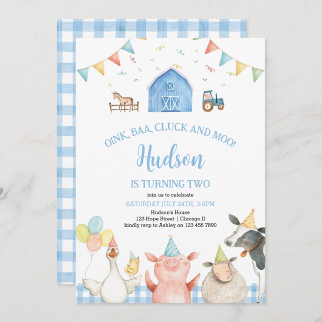 Blue Barn Farm Animals Barnyard Boy 2nd Birthday   Invitation (Front/Back)