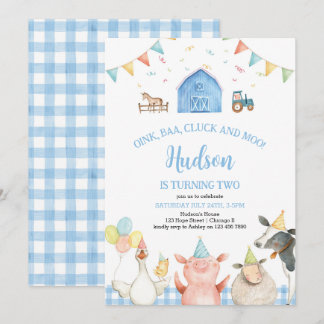 Blue Barn Farm Animals Barnyard Boy 2nd Birthday   Invitation