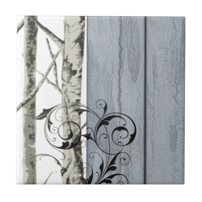 Blue Barn wood Country rustic Birch Tree Tile (Front)