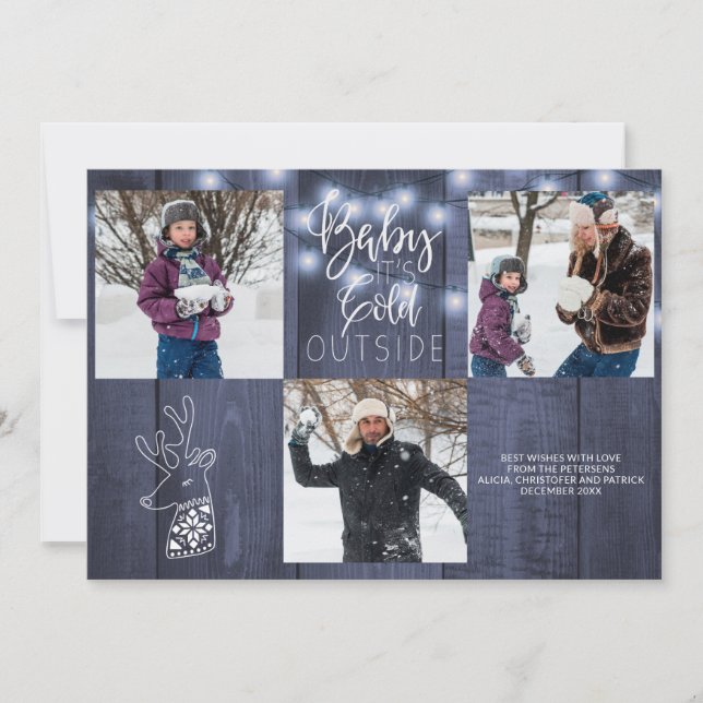 Blue barn wood rustic 3 photos Christmas lights Holiday Card (Front)