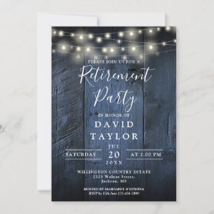 Blue Barn Wood String Lights Retirement Party Invitation