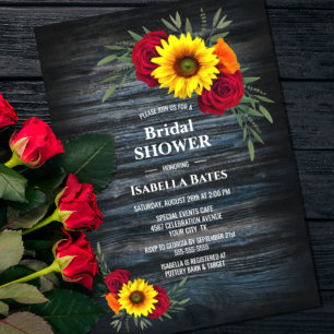 Blue Barn Wood Sunflower Rose Bridal Shower Invitation