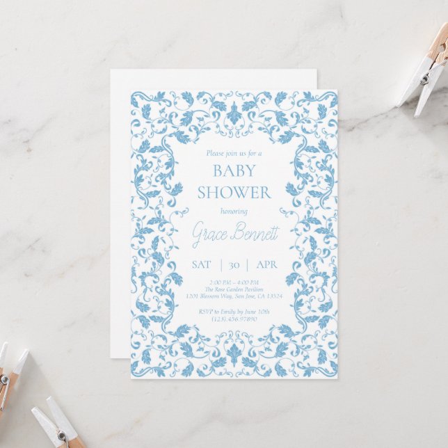 Blue Baroque Baby Shower Invitation (Front/Back In Situ)
