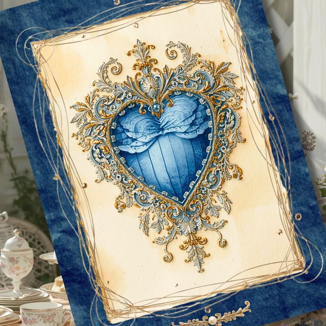 Blue Baroque Heart with Gilded Ornamental Frame Holiday Card (Creator Uploaded)