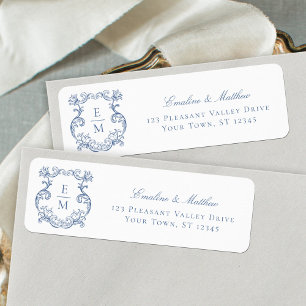 Blue Baroque Monogram Crest Wedding Return Address