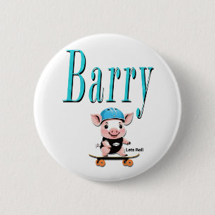Blue Barry Name And Piggy Skateboarding, 2 Inch Round Button