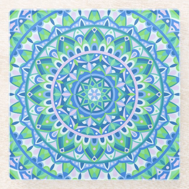 Blue Base Mandala Glass Coaster (Front)