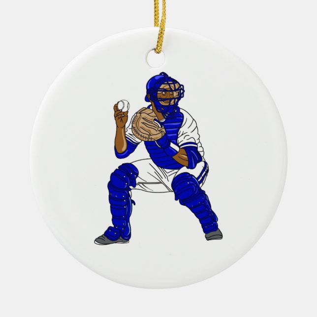 Blue baseball catcher ceramic ornament (Front)