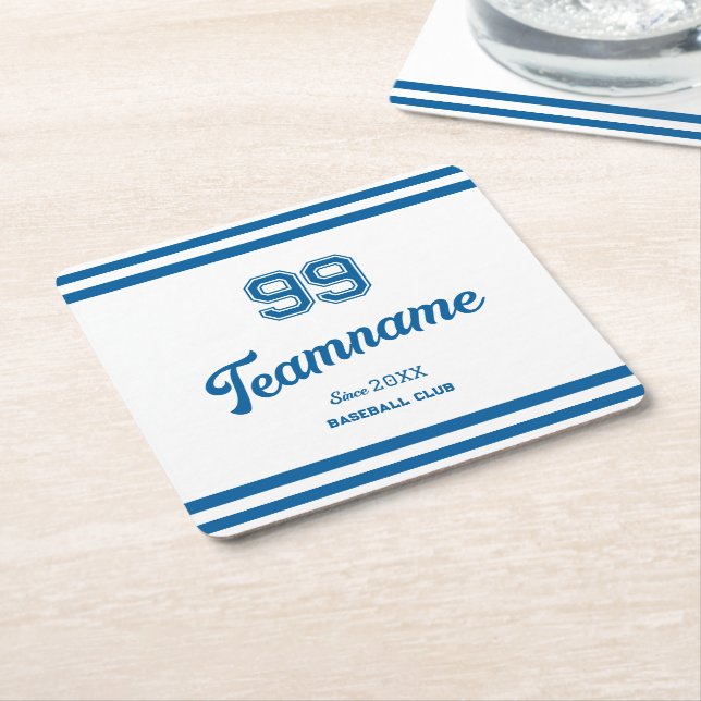 Blue Baseball Club Custom Player Number & TeamName Square Paper Coaster (Angled)