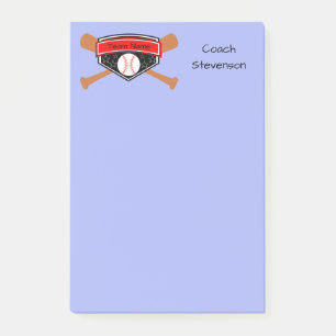 Blue Baseball Coach Personalized Post it Notes 4x6