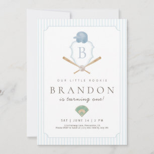 Blue Baseball Preppy Crest 1st Birthday Invitation