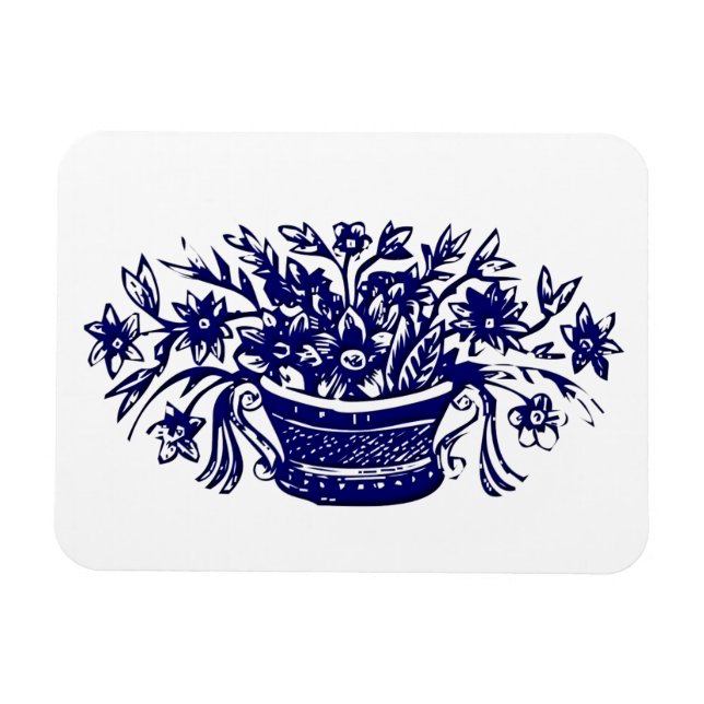 Blue Basket of Flowers Woodcut Artwork Magnet (Horizontal)