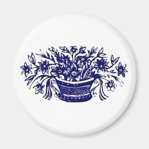 Blue Basket of Flowers Woodcut Artwork Magnet