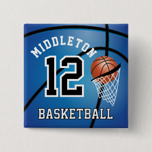 Blue Basketball  🏀 and Hoop   DIY Text  2 Inch Square Button