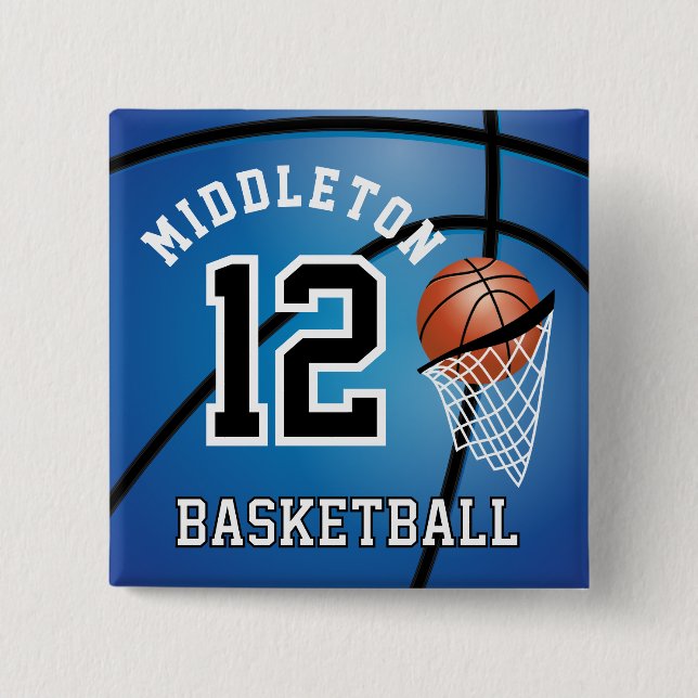 Blue Basketball  🏀 and Hoop | DIY Text  2 Inch Square Button (Front)