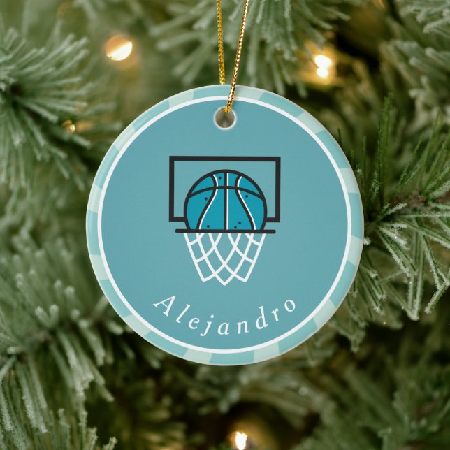 Blue Basketball Ball & Basket Player's Name Coach Ceramic Ornament (Tree)