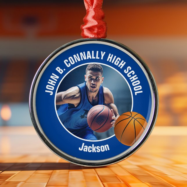 Blue Basketball Player Photo Christmas Metal Ornament (Creator Uploaded)