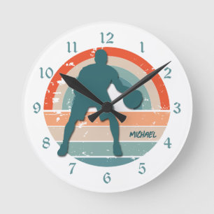 Blue Basketball Player Retro Rainbow Round Clock
