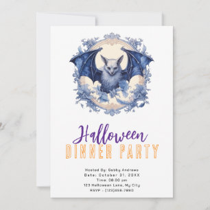 Blue Bat Blue Flowers Hat Halloween Dinner Party Invitation