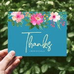 Blue Bat Mitzvah Chic Floral Gold Script Thank You Postcard<br><div class="desc">Make sure your favourite Bat Mitzvah shows her appreciation to all who supported her milestone event! Send out this sophisticated, personalized thank you postcard! A stunning, pink and peach floral watercolor with faux gold foil script typography and modern white sans serif type overlay a dusty turquoise teal blue background. A...</div>
