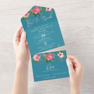 Blue Bat Mitzvah Gold Script Floral Watercolor All In One Invitation