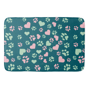 Blue Bath Mat with Pink Paw Prints & Heart Pattern