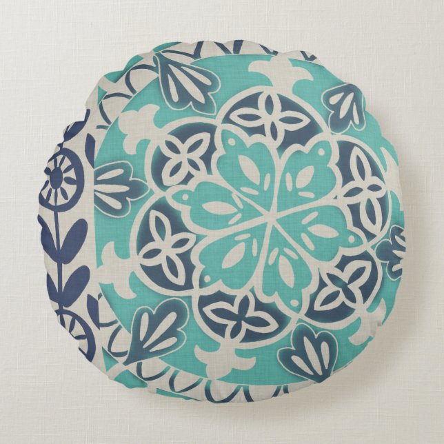 Blue Batik Tile I Round Pillow (Front)
