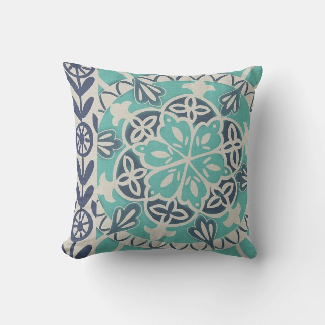 Blue Batik Tile I Throw Pillow (Front)