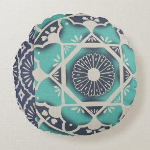 Blue Batik Tile II Round Pillow