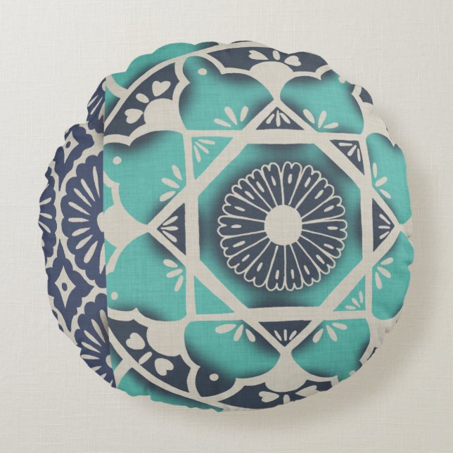 Blue Batik Tile II Round Pillow (Front)
