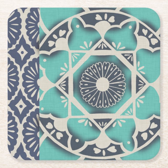 Blue Batik Tile II Square Paper Coaster (Front)