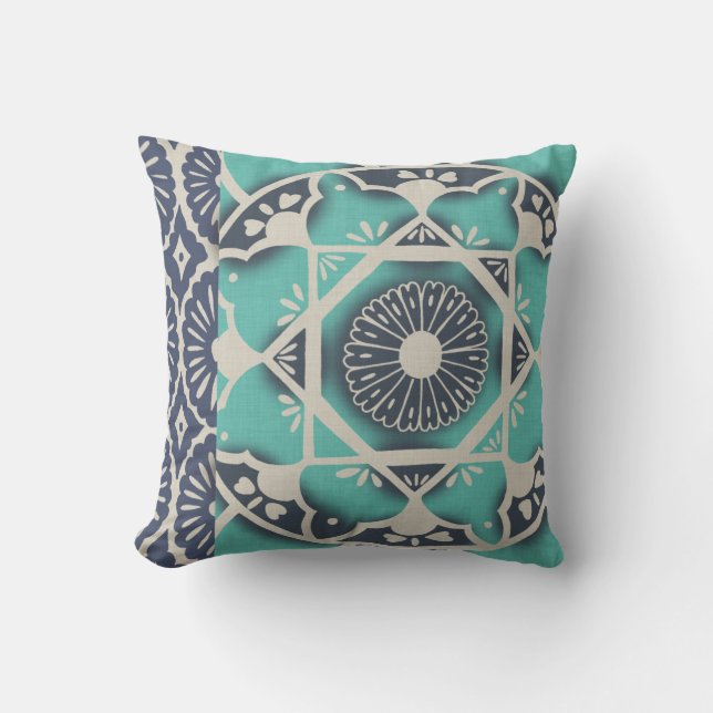Blue Batik Tile II Throw Pillow (Front)