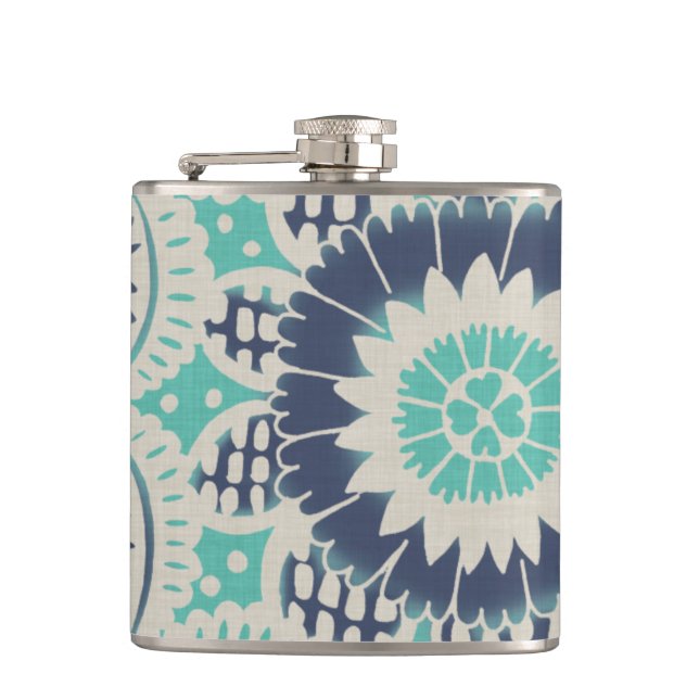 Blue Batik Tile III Hip Flask (Front)
