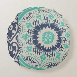 Blue Batik Tile III Round Pillow