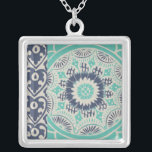 Blue Batik Tile III Silver Plated Necklace<br><div class="desc">Floral</div>