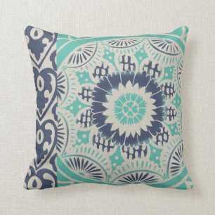 Blue Batik Tile III Throw Pillow