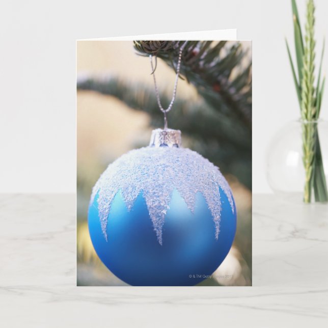 Blue bauble on Christmas tree, close up Holiday Card (Front)