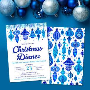 Blue Baubles Christmas Dinner Watercolor Invitation