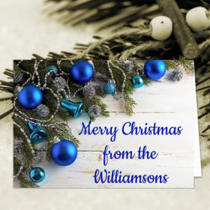 Blue Baubles, Pine Needles Personalized Christmas Card