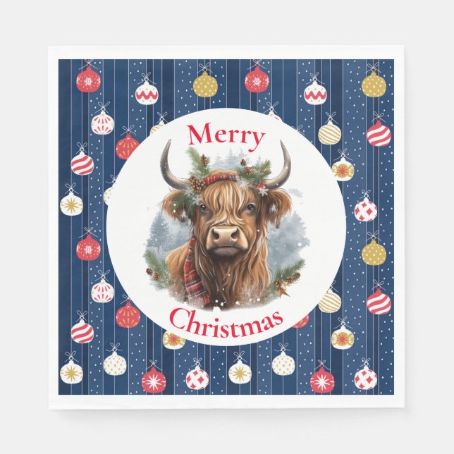 Blue Baulables Christmas Highlander Cow Napkin (Front)