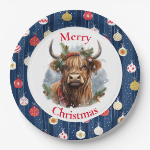 Blue Baulables Christmas Highlander Cow Paper Plate