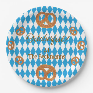 Blue Bavarian Octoberfest Pretzels Personalize Rnd Paper Plate